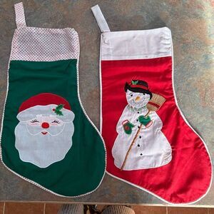 Vintage Handmade Christmas Stocking Santa Snowman Set of 2